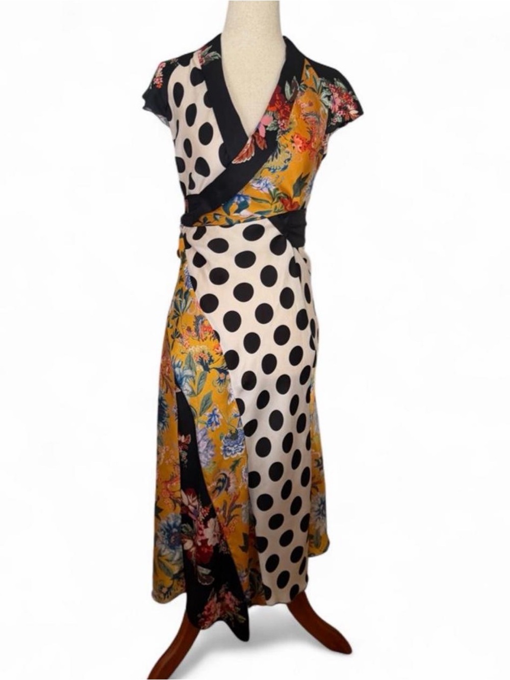 Zara Rare Patchwork Floral & Polka Dot Midi Pullover Dress / Sash wrap belt XS